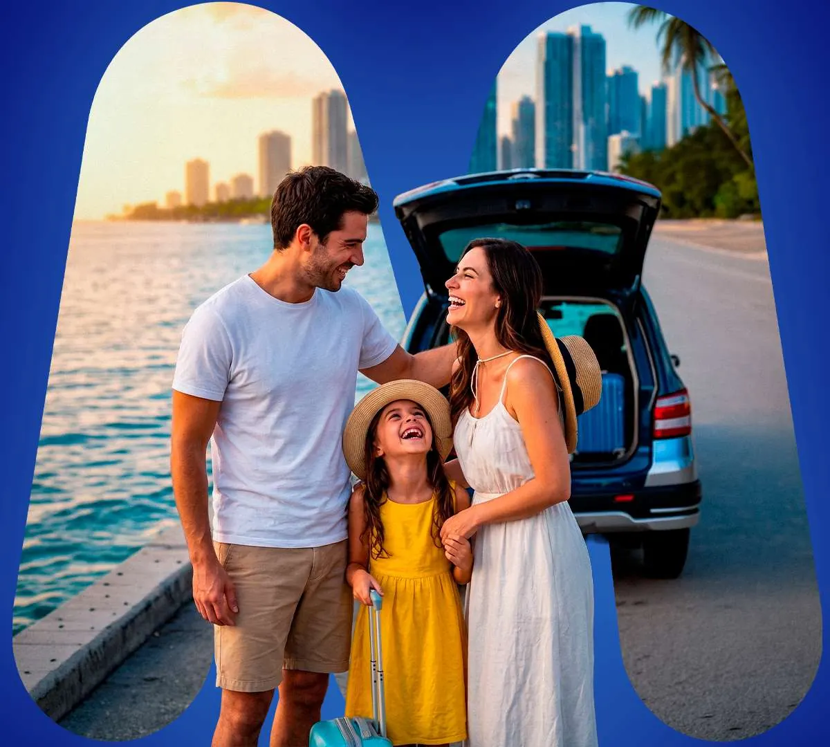 Família brasileira sorrindo ao lado de um SUV com o porta-malas aberto, à beira-mar em Miami